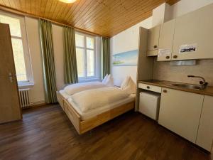 Dormitorio pequeño con cama y lavamanos en Downtown Apartment 9 en Interlaken