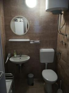 bagno con servizi igienici, lavandino e specchio di Seline, Apartman Pavić a Seline