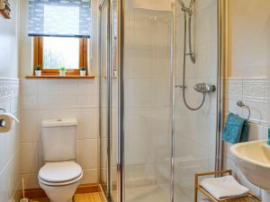 uma casa de banho com um chuveiro, um WC e um lavatório. em Bramble Cottage em Dalry
