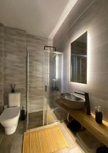 uma casa de banho com um lavatório, um chuveiro e um WC. em Cozy flat elix em Cálcis