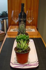 una botella de vino y una planta en una mesa con copas en Studio Soho 53 en La Plata