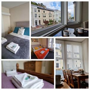 a collage of photos of a hotel room with a bed and a window at Breeze B&B in Llandudno