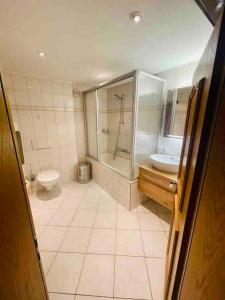 a bathroom with a shower and a toilet and a sink at Im alten Dorfteil von Zermatt in Zermatt