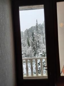 a window with a view of a snow covered forest at Hotel Good Luck in Kutaisi
