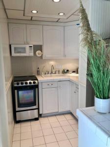 a kitchen with white cabinets and a stove and a plant at Studio- Sleep 2,Pool, Parking,5min walk to Beach -3 in Fort Lauderdale