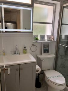 a bathroom with a toilet and a sink and a mirror at Studio- Sleep 2,Pool, Parking,5min walk to Beach -3 in Fort Lauderdale