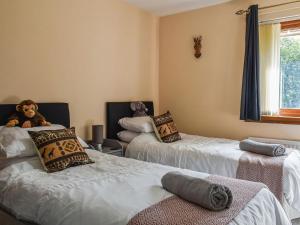 sypialnia z 2 łóżkami i pluszowym misiem na górze w obiekcie Zebra House w mieście Blaenavon