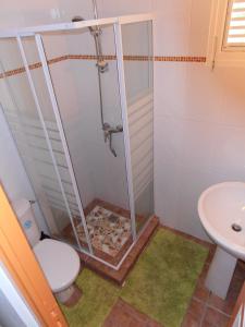 a bathroom with a shower and a toilet and a sink at Villa Kabrit Bwa Sainte-Luce in Sainte-Luce