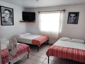 Habitación con 2 camas y TV en la pared. en Hostal Zipolite Arteaga, en Oaxaca City