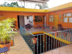 un edificio con un balcón con plantas. en Hostal Zipolite Arteaga, en Oaxaca City