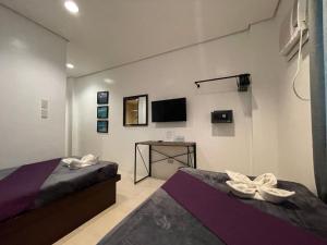 a bedroom with two beds and a television on the wall at Coron Ecolodge in Coron