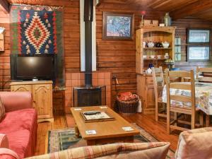 a living room with a couch and a fireplace in a cabin at Finlog in Bradworthy