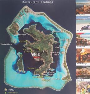 a map of the island of restitution locations at Raihei Auberge de jeunesse Chez l'habitant à Bora Bora in Bora Bora