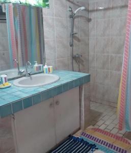 uma casa de banho com um lavatório e um chuveiro em Raihei Auberge de jeunesse Chez l'habitant à Bora Bora em Bora Bora