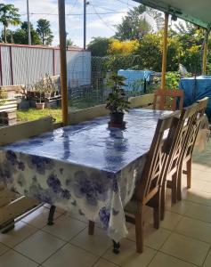 a blue and white table with a potted plant on it at Raihei Auberge de jeunesse Chez l'habitant à Bora Bora in Bora Bora