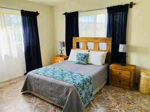 1 dormitorio con 1 cama con sábanas azules y ventanas en Finca Ybarra, casa de campo, en Chapala