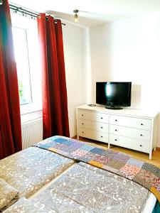 1 dormitorio con cama y vestidor con TV en Apartamenty Zakładowa, en Paczków