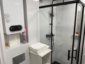 een badkamer met een douche en een camera aan de muur bij Apartament Cynamon II in Sandomierz