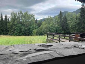 vistas a un campo con valla y árboles en Hotel Alpin Aparthotel Apartament 301 en Poiana Brasov