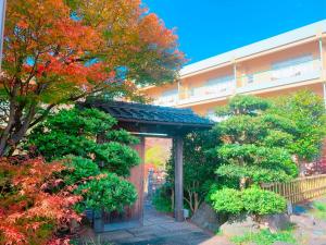 静岡市にある弘法の湯　本店の門と木が目の前に建つ建物