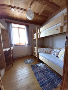 1 dormitorio con literas, ventana y alfombra en Landhaus Friedl, en Riedlhütte