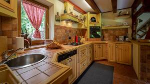 eine Küche mit Holzschränken, einem Waschbecken und einem Fenster in der Unterkunft Gorska Vila in Mrkopalj