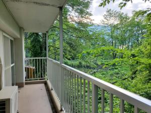 a balcony with a view of the woods at Hakuba Inn Bloom in Hakuba
