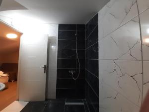 La salle de bains est pourvue d'une douche avec du carrelage noir et blanc. dans l'établissement 216 Turkuaz Suit, à Istanbul