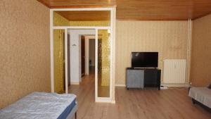 a living room with a bed and a television at Plantin Apartment in Antwerp