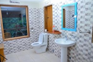 a bathroom with a sink and a toilet and a mirror at Gorilla Hills Eco-lodge in Kisoro