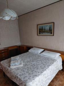 ein Schlafzimmer mit einem Bett mit Handtüchern darauf in der Unterkunft Cà dai nonni sul Lago d Orta in San Maurizio dʼOpaglio