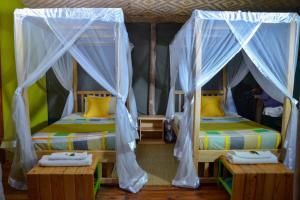 Gorilla Hills Eco-lodge في Kisoro: سريرين في غرفة ذات ستائر بيضاء