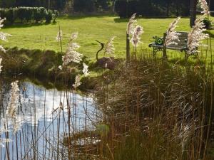 a park bench sitting next to a pond with a bird at Cotenham Barn in South Walsham