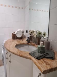 eine Badezimmertheke mit einem Waschbecken und einem Spiegel in der Unterkunft Rebel House Alba in Alba