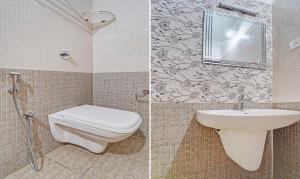 two pictures of a bathroom with a toilet and a sink at Treebo Trend Alaka Rester Homestay in Madikeri