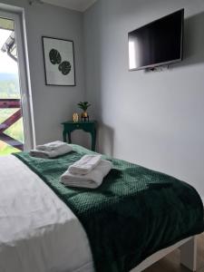 a bedroom with a bed with a green blanket at PIAM Apartamenty in Świeradów-Zdrój