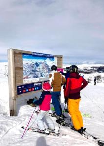 耶盧的住宿－Seterhytte i Havsdalen，一群人坐在滑雪板上,站在标志前