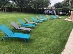 a row of blue lawn chairs sitting in the grass at Cottage piscine intérieure31degrés ZOO LA FLECHE24H du Mans in Clermont-Créans