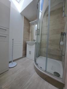 a bathroom with a shower and a sink at Aillon Evasion 12 in La Correrie