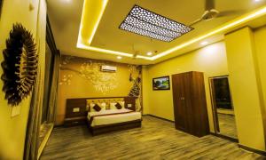 1 dormitorio con 1 cama y techo con luz en Hotel Amar Vilas & Resort, en Bharatpur