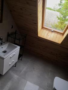 La salle de bains est pourvue d'un lavabo et d'une fenêtre. dans l'établissement Pod Żywotnikami, à Białowieża