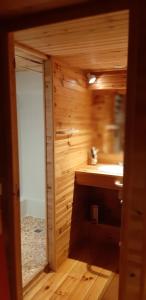 アルサックにあるla cabane au fond du jardinの木製バスルーム(シンク、鏡付) +17枚の写真