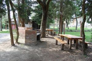 un groupe de bancs dans un parc avec des arbres dans l'établissement Apart Hotel Bungalows El Viejo Cipres, à San Carlos de Bariloche