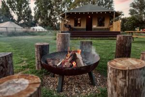 a fire pit in a field with a house in the background at Horsley Hale Farm Glamping in Ely