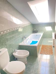 a bathroom with a toilet and a bath tub at MEQUEDO GRAN CAMINANTE in Alcañiz +18 photos
