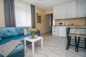 Una sala de estar con un sofá azul y una mesa. en Cozy Stay Apartment, en Kaunas