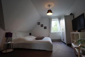 Schlafzimmer mit einem Bett und einem Flachbild-TV in der Unterkunft Gemütliche Unterkunft für bis zu 11 Personen. in Hannover