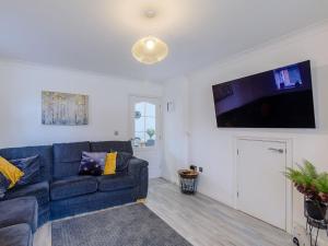 a living room with a blue couch and a flat screen tv at Honey Bee House in Woodhall Spa