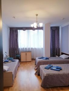 基輔的住宿－Hotel Obolon-Arena，酒店客房设有三张床和窗户。