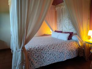 a bedroom with a bed with a canopy at Masia los Toranes - Destino Starlight in Rubielos de Mora